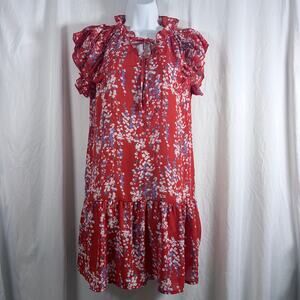 Dokotoo Red Floral Ruffle Sleeve Dress Womens Large Boho Tie Neck Mini
